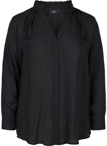 Långärmad skjorta med volangkrage, Black, Packshot image number 0
