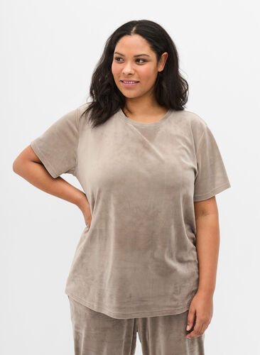 Kortärmad velour t-shirt, Taupe Gray, Model image number 0