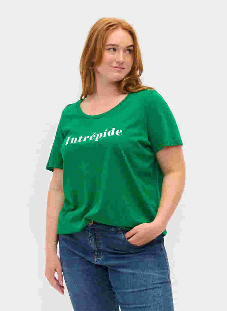 Kortärmad t-shirt i bomull med texttryck, Jolly Green, Model