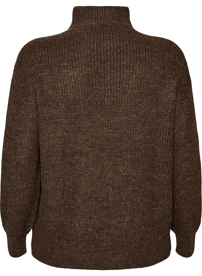 Stickad tr&ouml;ja med h&ouml;g hals och dragkedja, Brun, Packshot image number 1