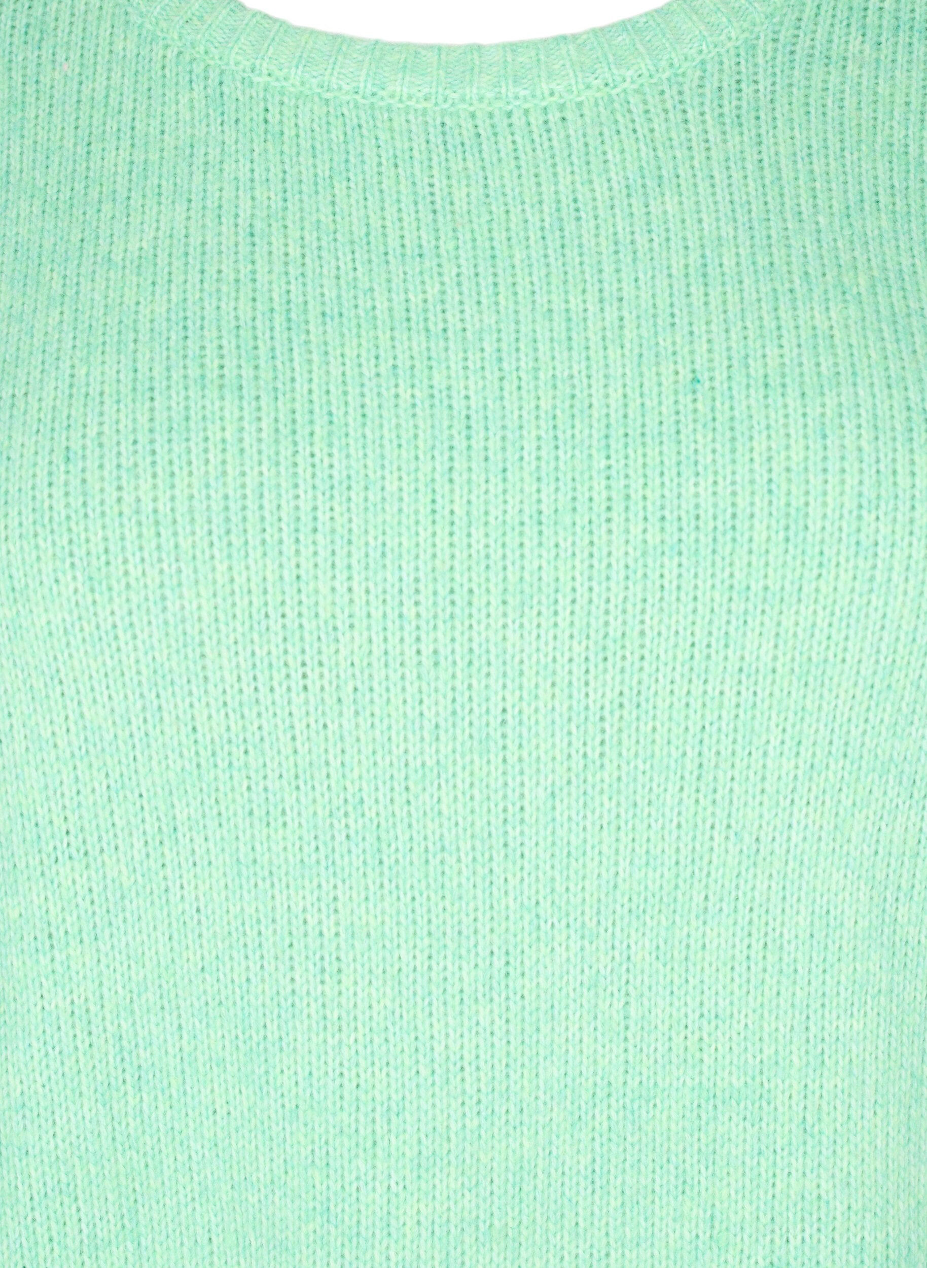 Zizzi Stickad tr&ouml;ja i ull med l&aring;nga &auml;rmar och rund halsringning, Light G. Green Mel., Packshot image number 2