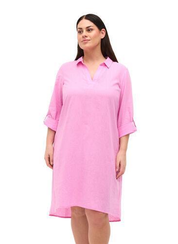 Randig klänning i bomull och linne, Begonia Pink, Model image number 0