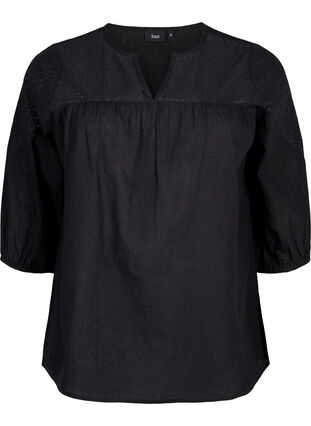 Blus i bomullsblandning med linne och virkade detaljer, Black, Packshot image number 0