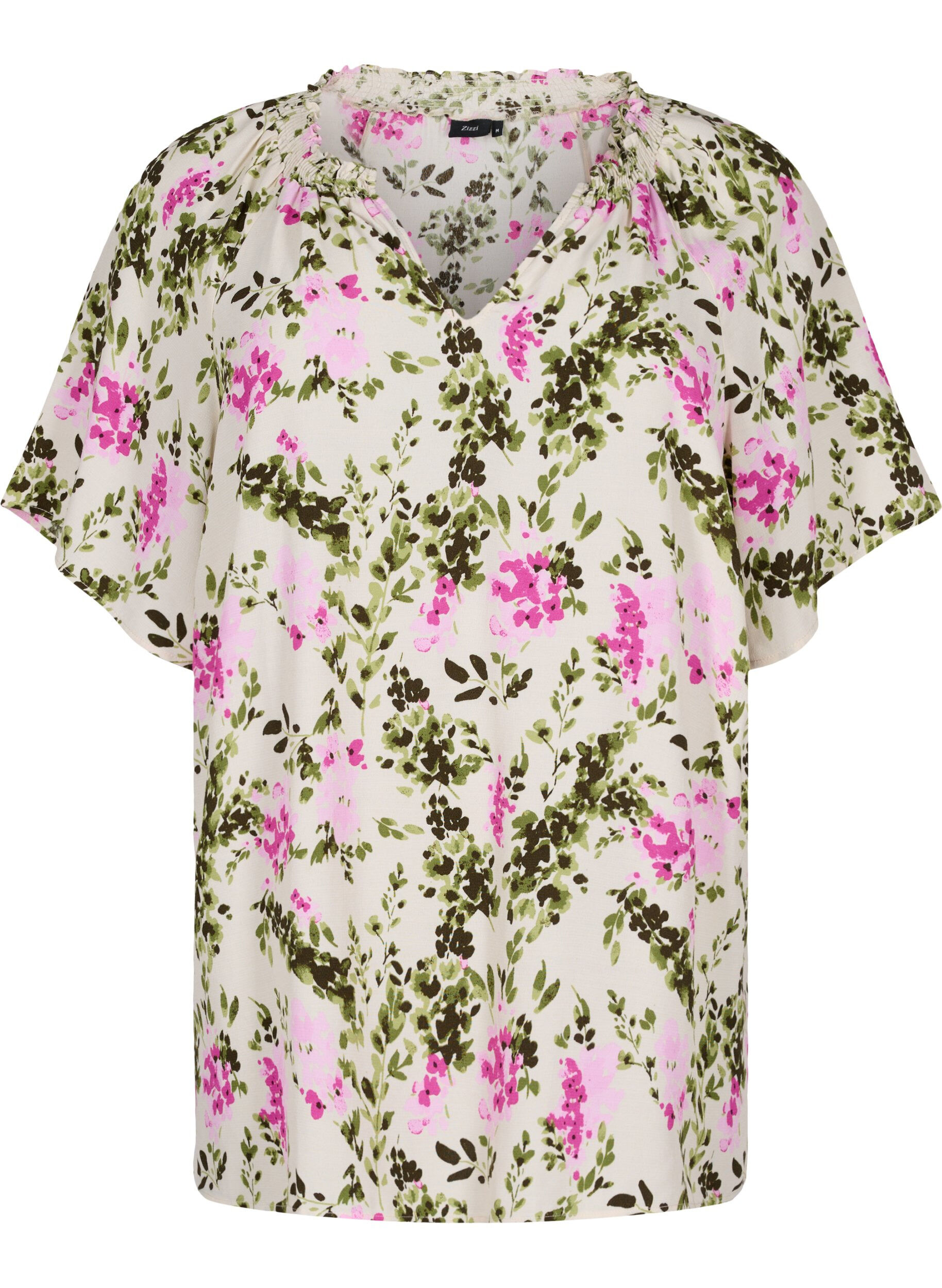Zizzi Viskosblus med korta &auml;rmar, Green Pink AOP, Packshot image number 0