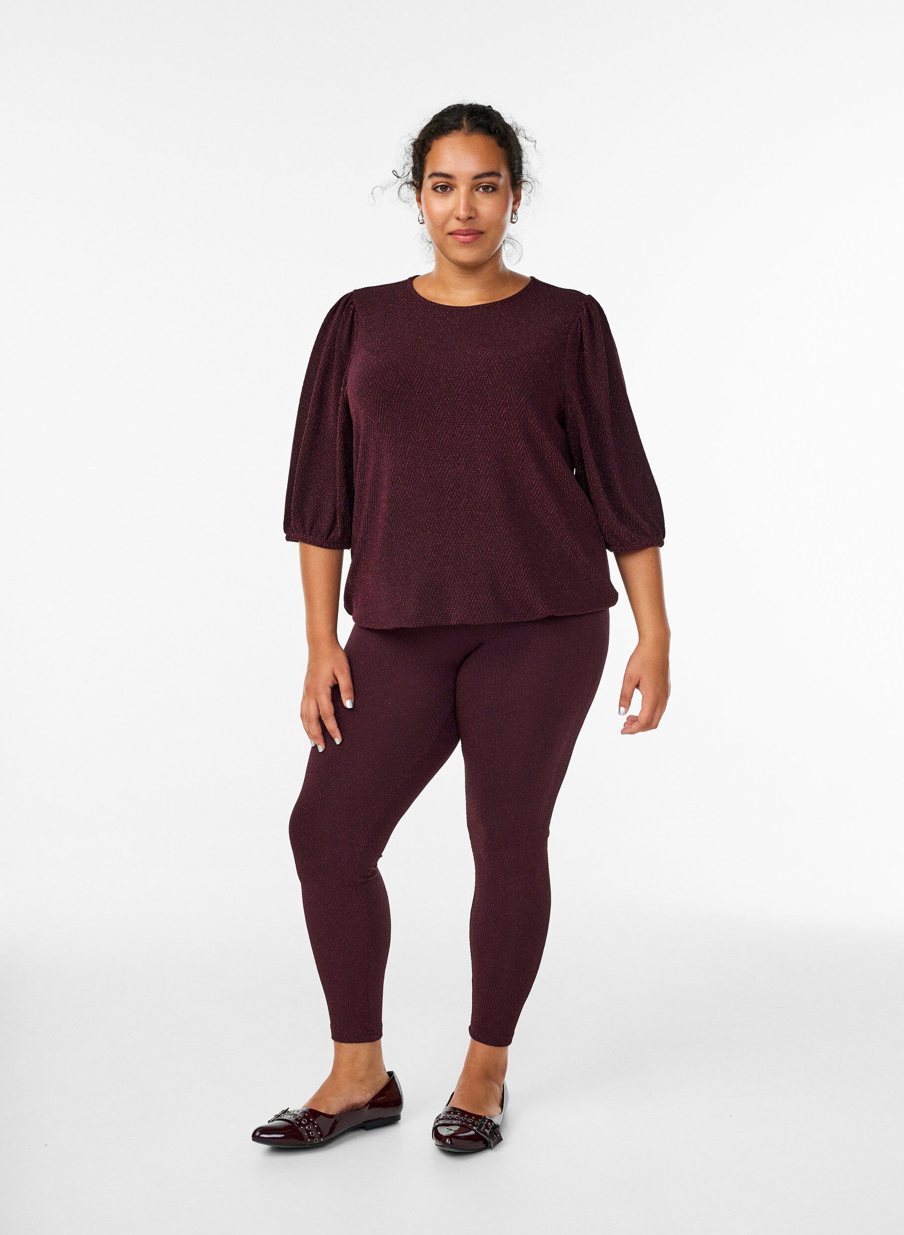 Zizzi Leggings med glitterm&ouml;nster, M&ouml;rk Bordeaux, Model image number 1