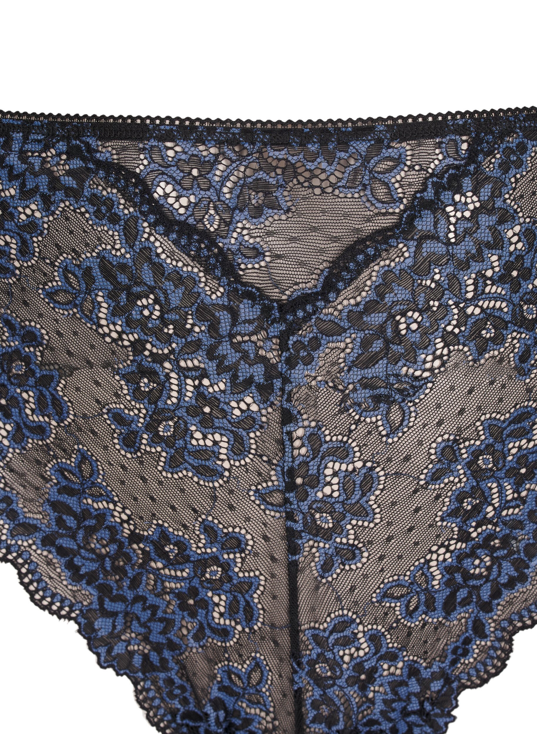 Zizzi G-string med kontrastf&auml;rgad spets, Black w Blue , Packshot image number 2