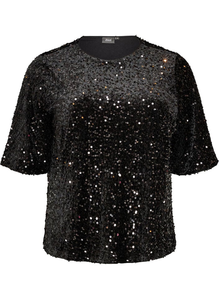 Blus med paljetter och armb&aring;gsl&aring;nga &auml;rmar, Svart, Packshot image number 0