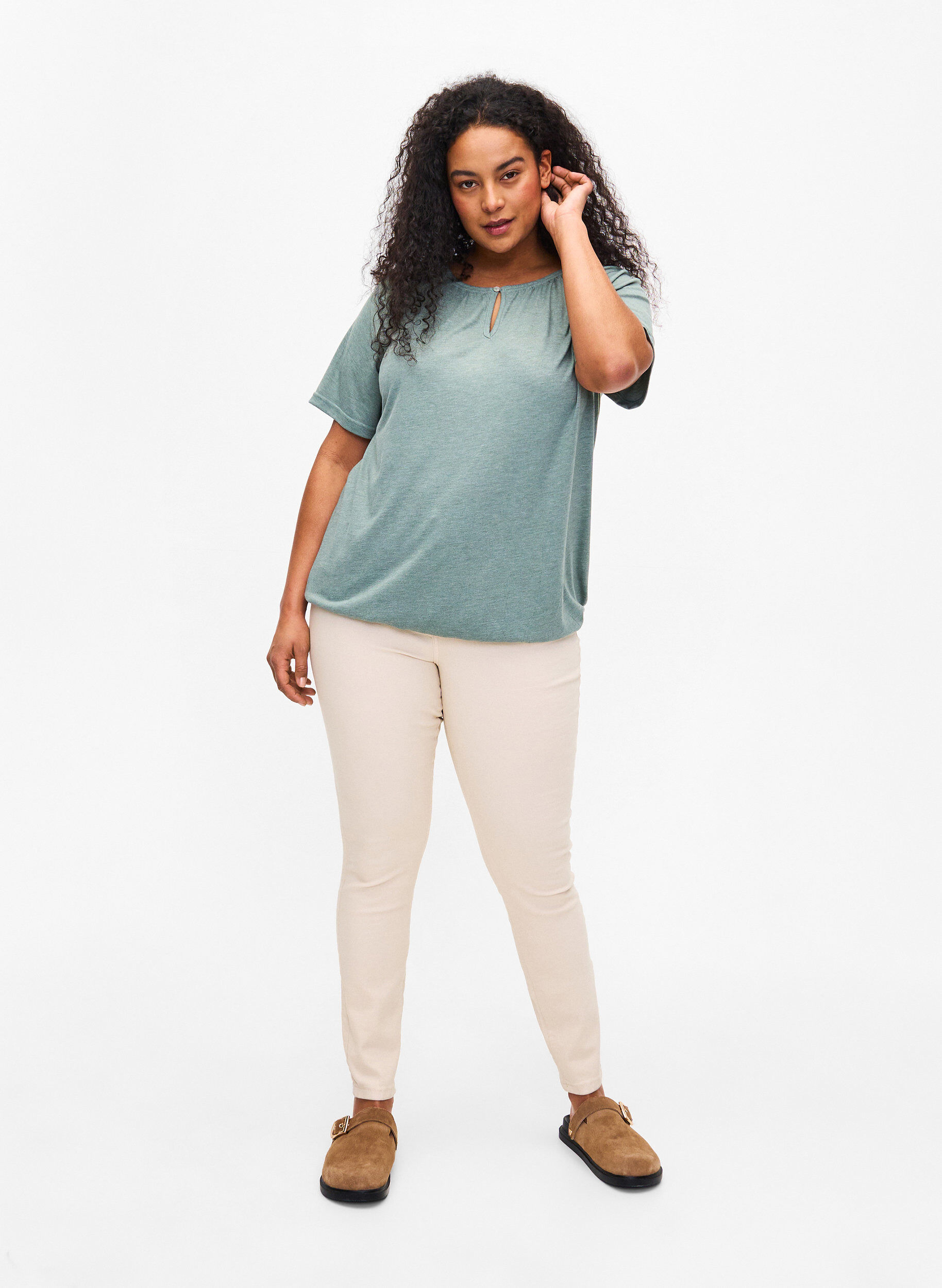 Zizzi Melange blus med korta &auml;rmar, Chinois Green Mel., Model image number 2