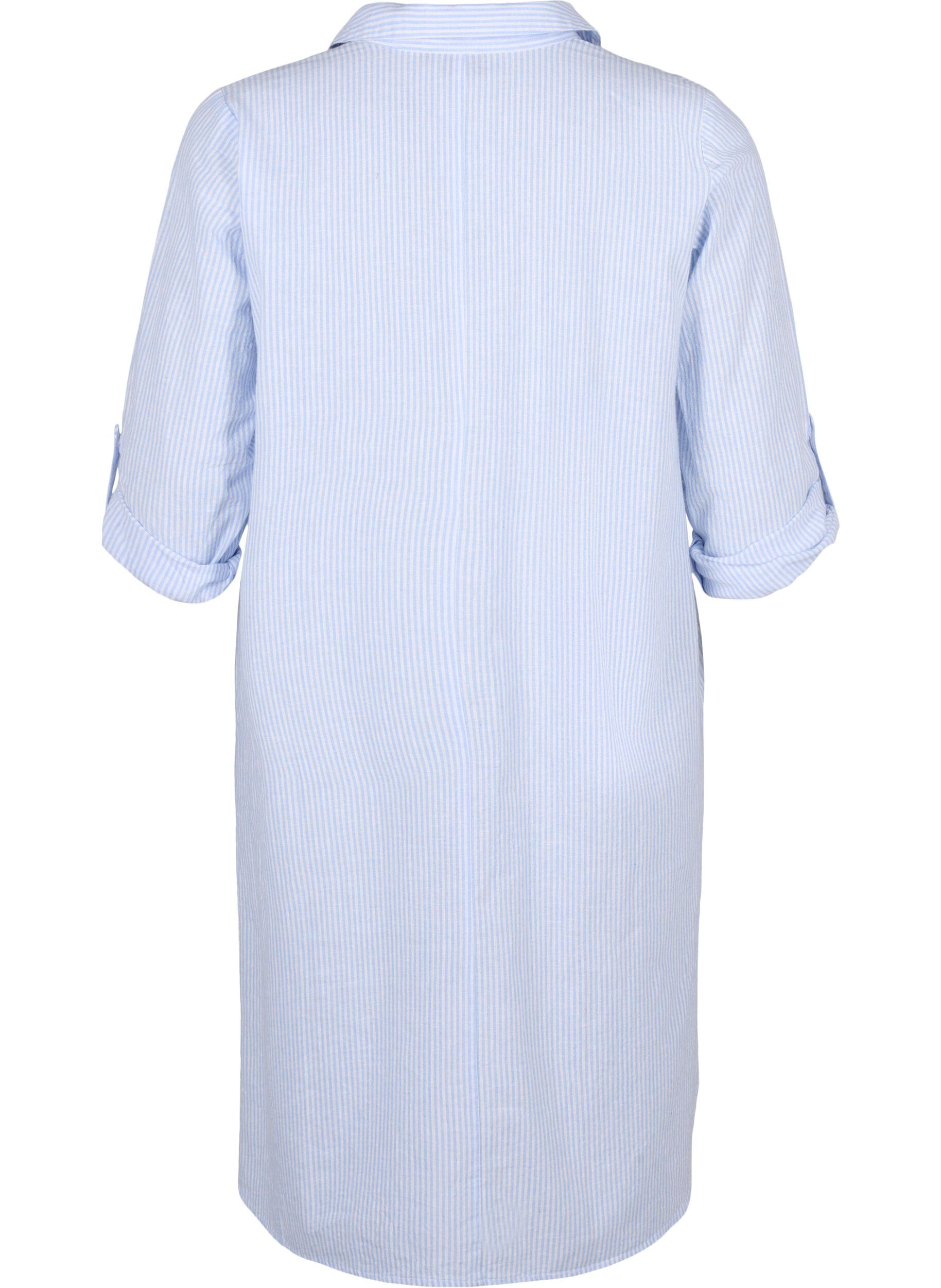 Zizzi Randig kl&auml;nning i bomull och linne, Serenity Wh. Stripe, Packshot image number 1