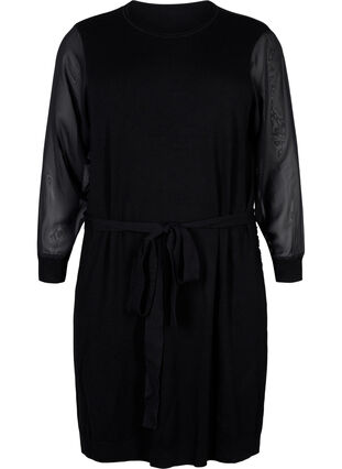 Stickad klänning med transparenta ärmar, Black, Packshot image number 0