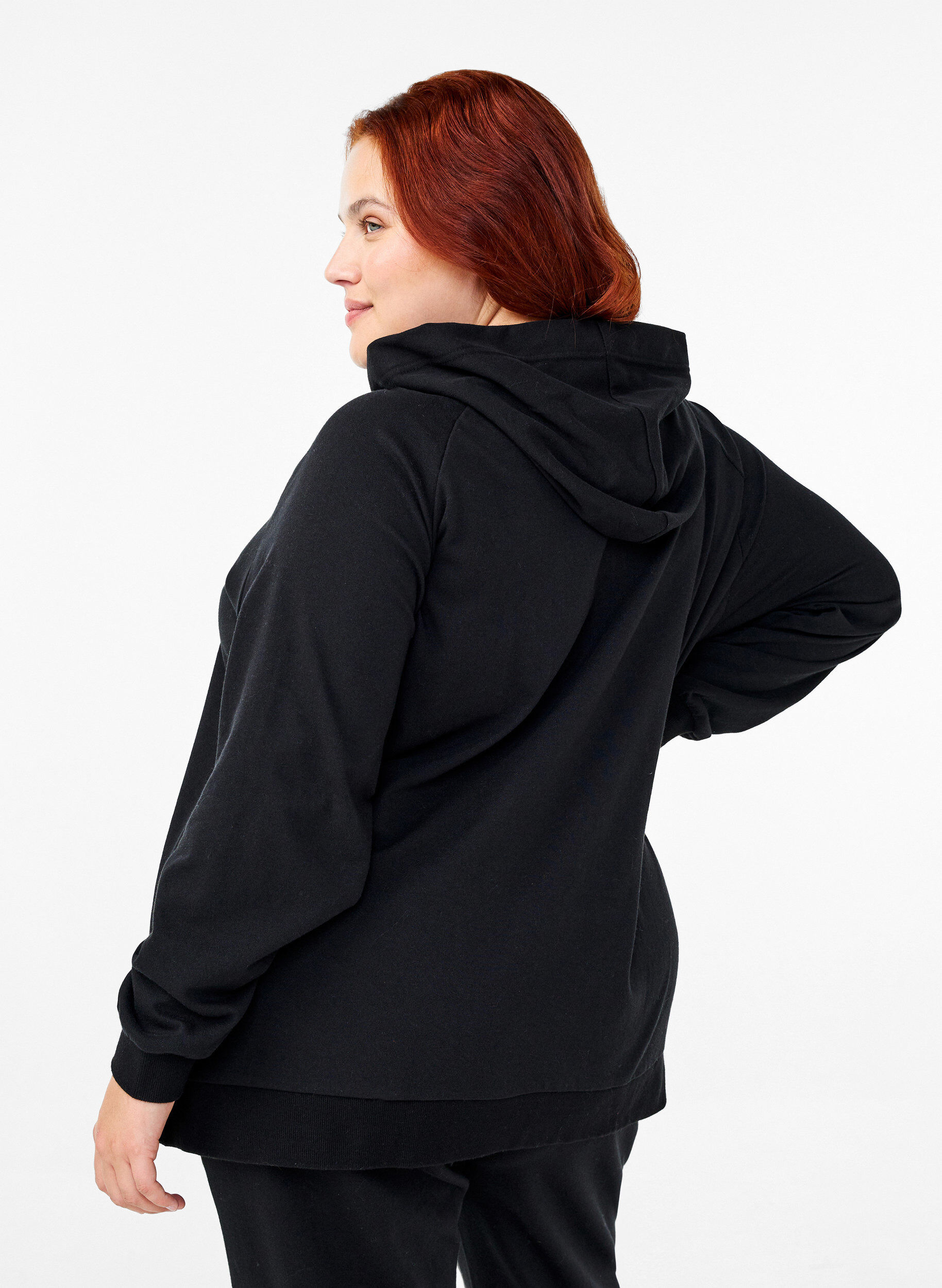 ZizziKofta i sweatshirt material med huva och fickor, Svart, Model image number 2