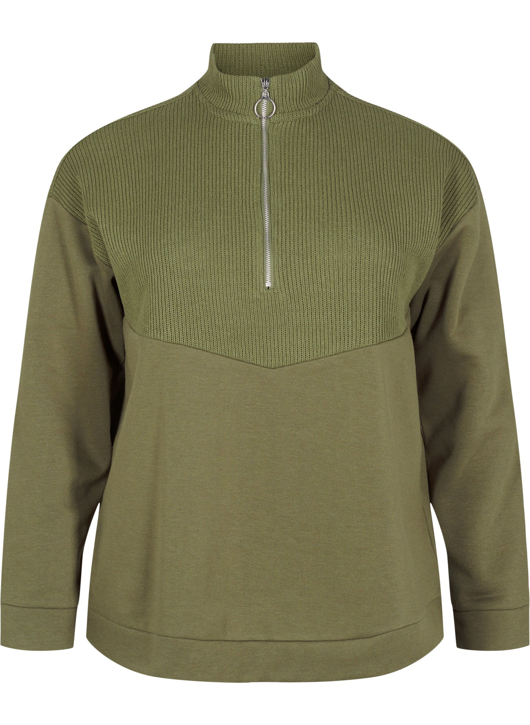 Zizzi Sweatshirt med stickade plagg och dragkedja, Winter Moss, Packshot image number 0