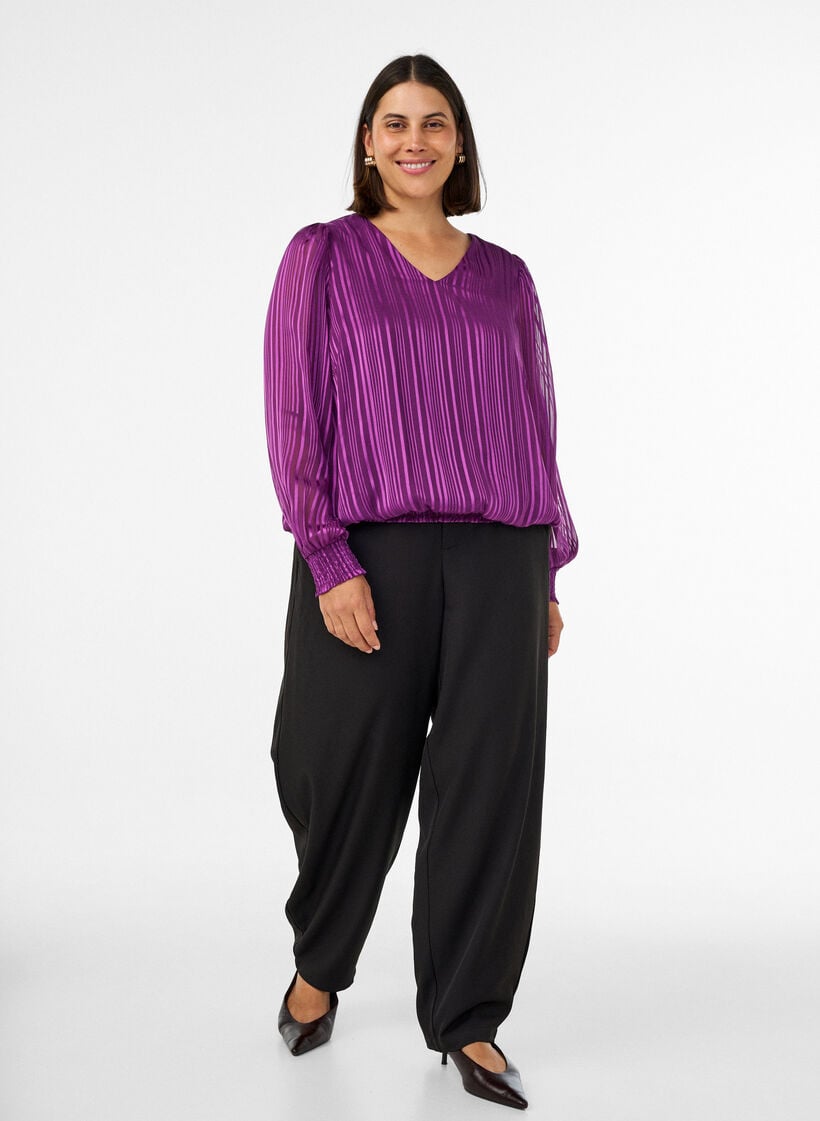 Randig blus med ballongform, Lila, Model image number 1