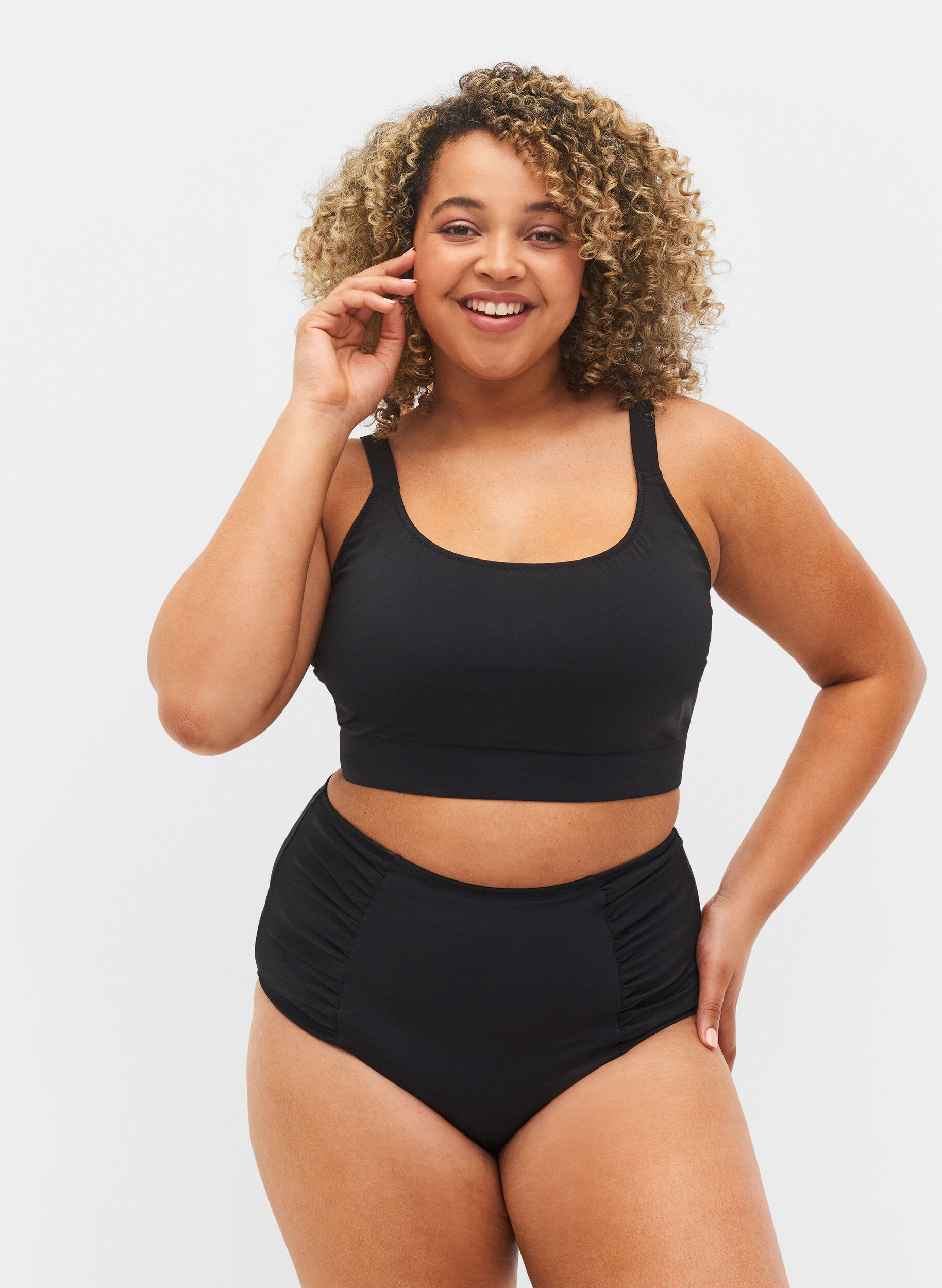 Zizzi Bikinitrosor med h&ouml;g midja och draperingar, Black, Model image number 0