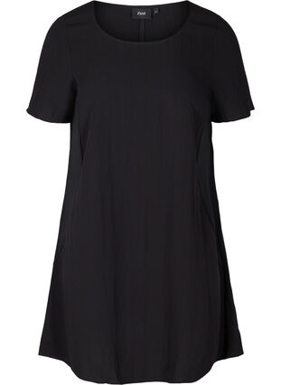 Kortärmad viskosklänning med fickor, Black, Packshot image number 0