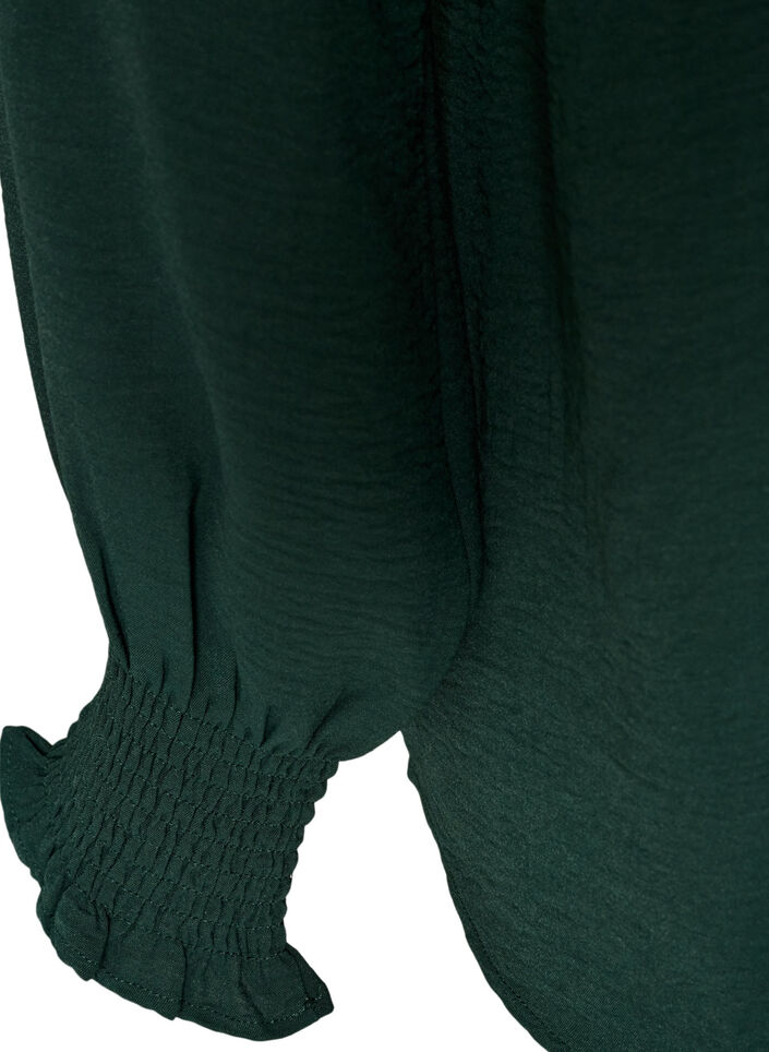 Blus med smockade manschetter och v-ringning, Gr&ouml;n, Packshot image number 3