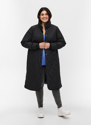 Lång quiltad jacka med hög krage och fickor, Black, Model image number 2