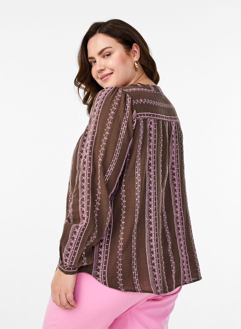Blus med broderat mönster, Brun, Model image number 2