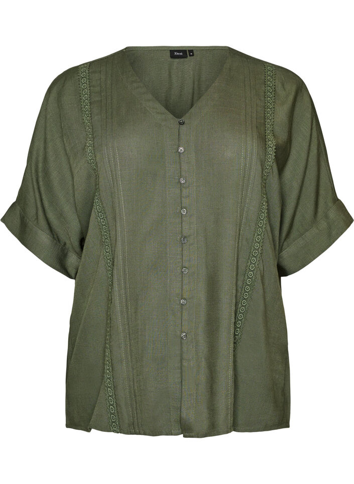 Blus i viskos med virkade detaljer och knappar, Gr&ouml;n, Packshot image number 0
