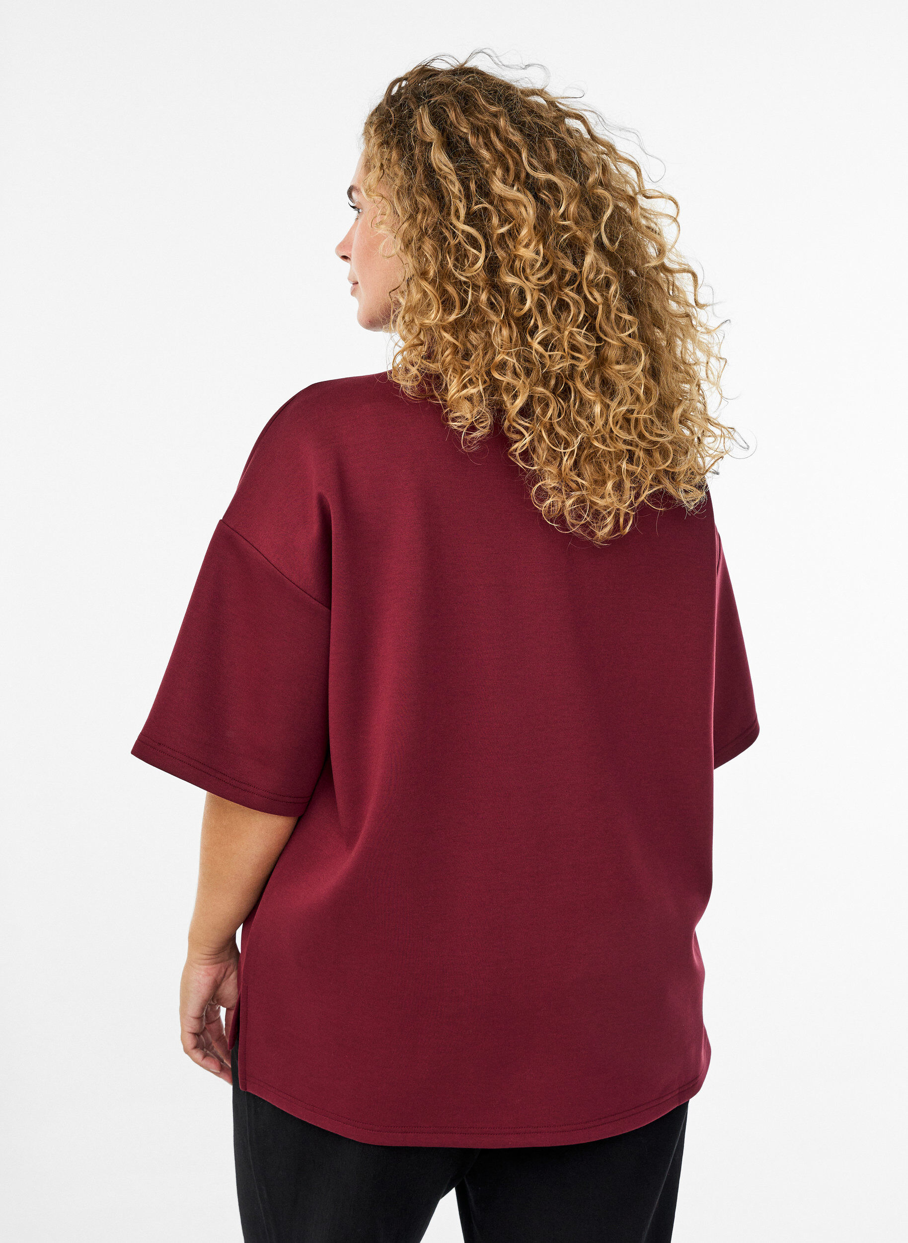Zizzi Kort&auml;rmad sweatshirt med h&ouml;g krage, M&ouml;rk Bordeaux, Model image number 2