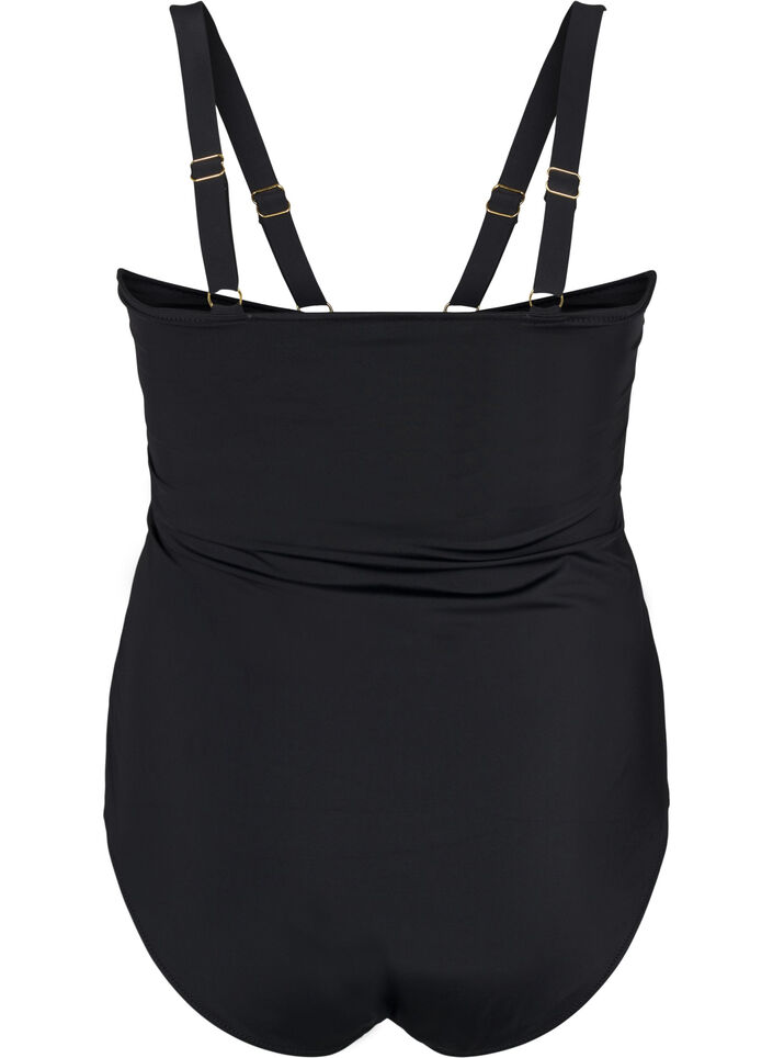 Baddräkt med V-ringning och rynkdetaljer, Svart, Packshot image number 1