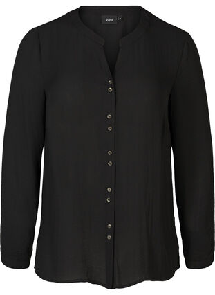 Skjortblus med v-ringning och knappar, Black, Packshot image number 0