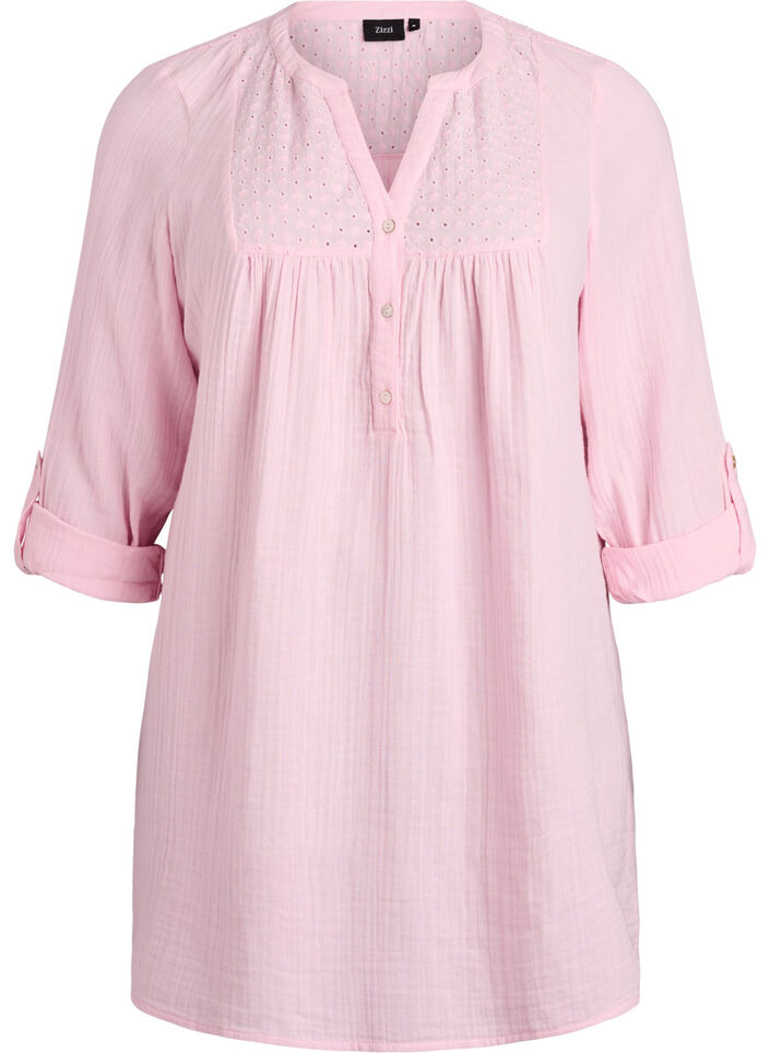 Tunika i bomullsmuslin med broderie anglaise, Rosa, Packshot image number 0