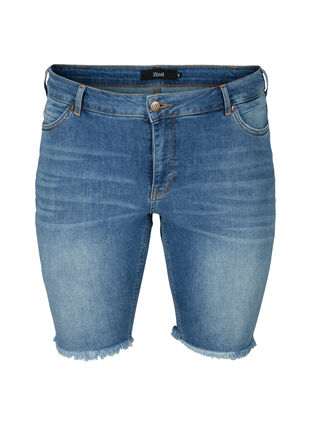 Jeansshorts med hög midja och råa kanter, Dark blue denim, Packshot image number 0