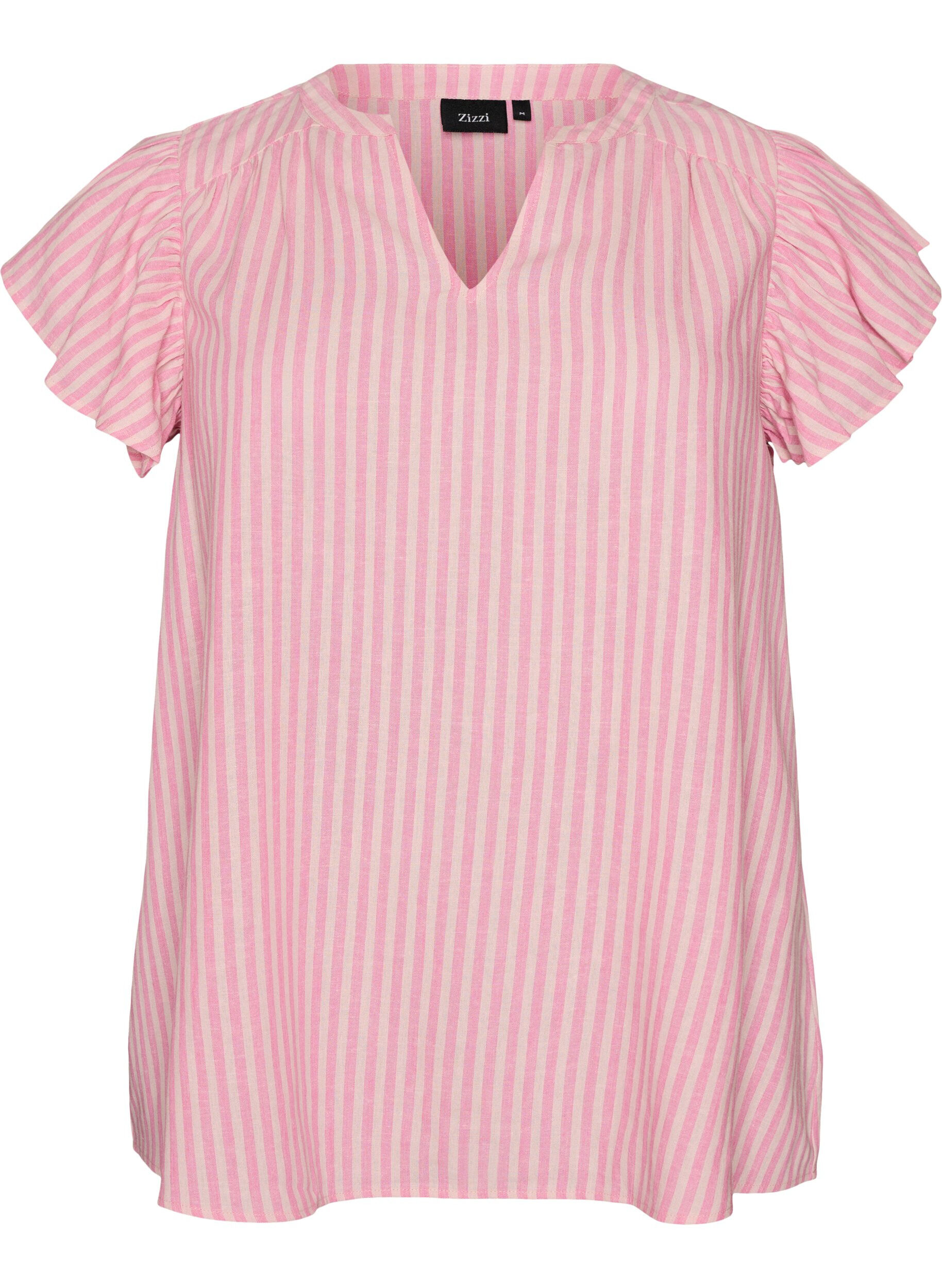 ZizziBlus i viskos och linne med volang&auml;rmar, Rosa, Packshot image number 0