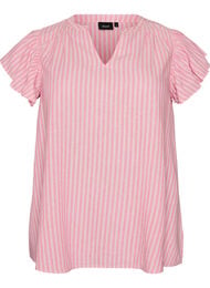Blus i viskos och linne med volang&auml;rmar, Rosa