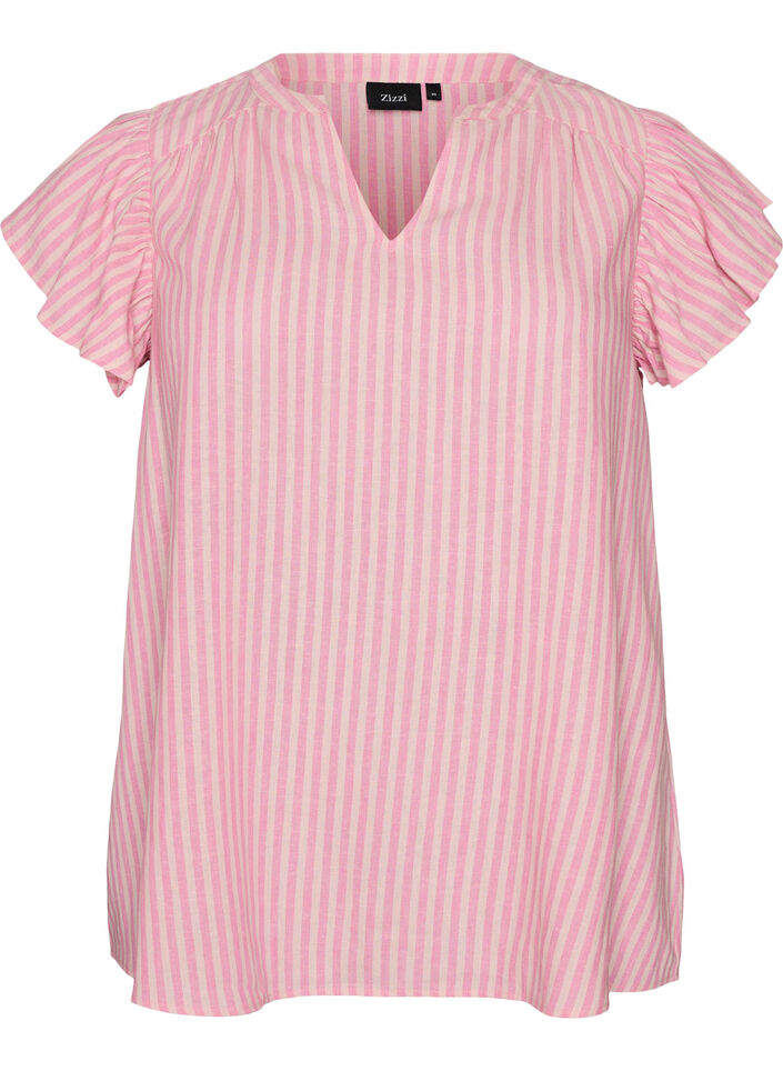 Blus i viskos och linne med volang&auml;rmar, Rosa, Packshot image number 0