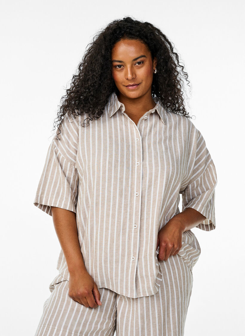 Randig skjorta i linne och viskos, Beige, Model image number 0