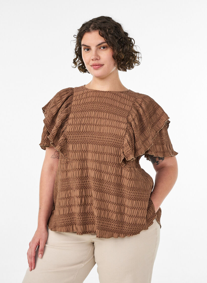 Blus med smock och volang&auml;rmar, Brun, Model image number 0