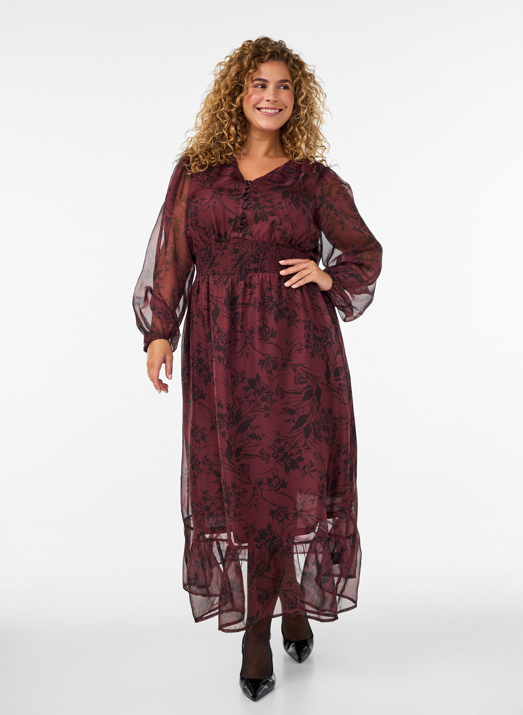 Maxikl&auml;nning med blommigt m&ouml;nster och smock, M&ouml;rk Bordeaux, Model