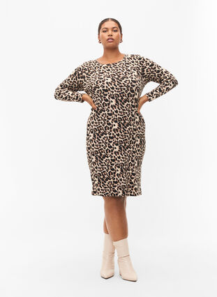 Leopardmönstrad klänning med långa ärmar, Leo, Model image number 3