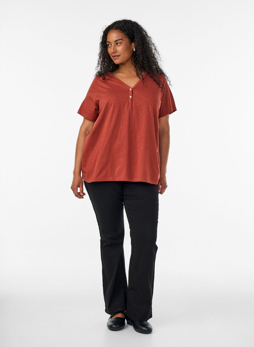 T-shirt med knappdetalj, Brun, Model image number 1