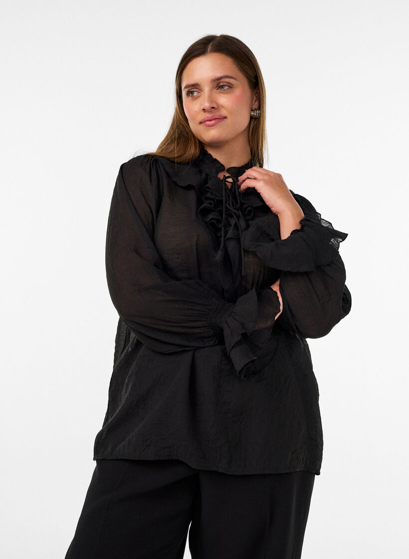 Blus i viskos med volanger och l&aring;nga &auml;rmar, Svart, Model image number 0
