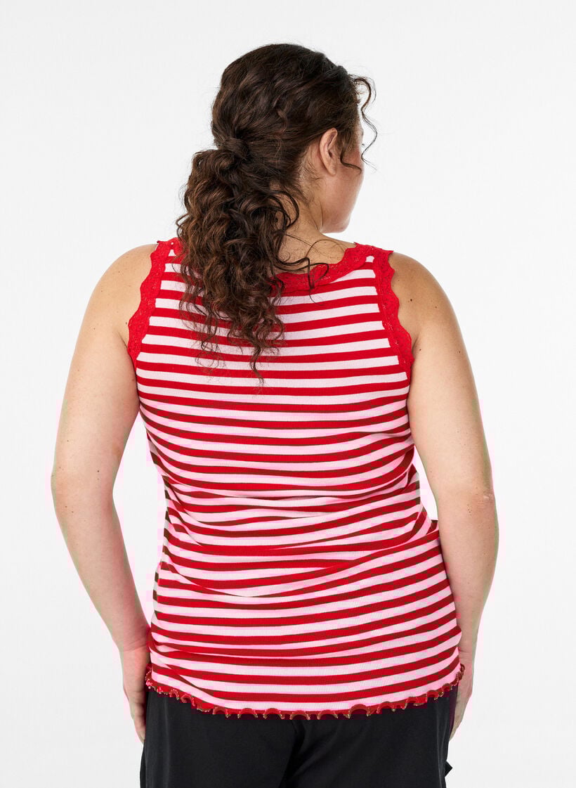 Randig topp med ribbad textur och spetskant, Rosa, Model image number 2