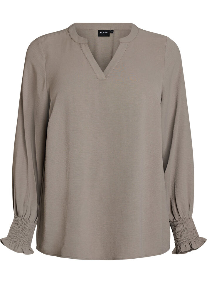 Blus med smockade manschetter och v-ringning, Beige, Packshot image number 0