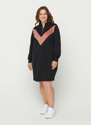 Sweatklänning med fickor och blixtlås, Black w. Burlwood, Model image number 3