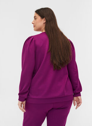 Tröja i sweatshirtmaterial med rund hals och ballongärmar, Dark Purple, Model image number 1