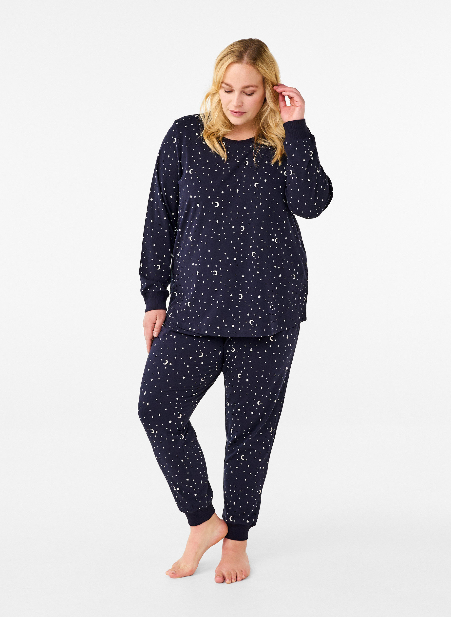 Zizzi Pyjamasbyxor med tryck, Bl&aring;, Model image number 0