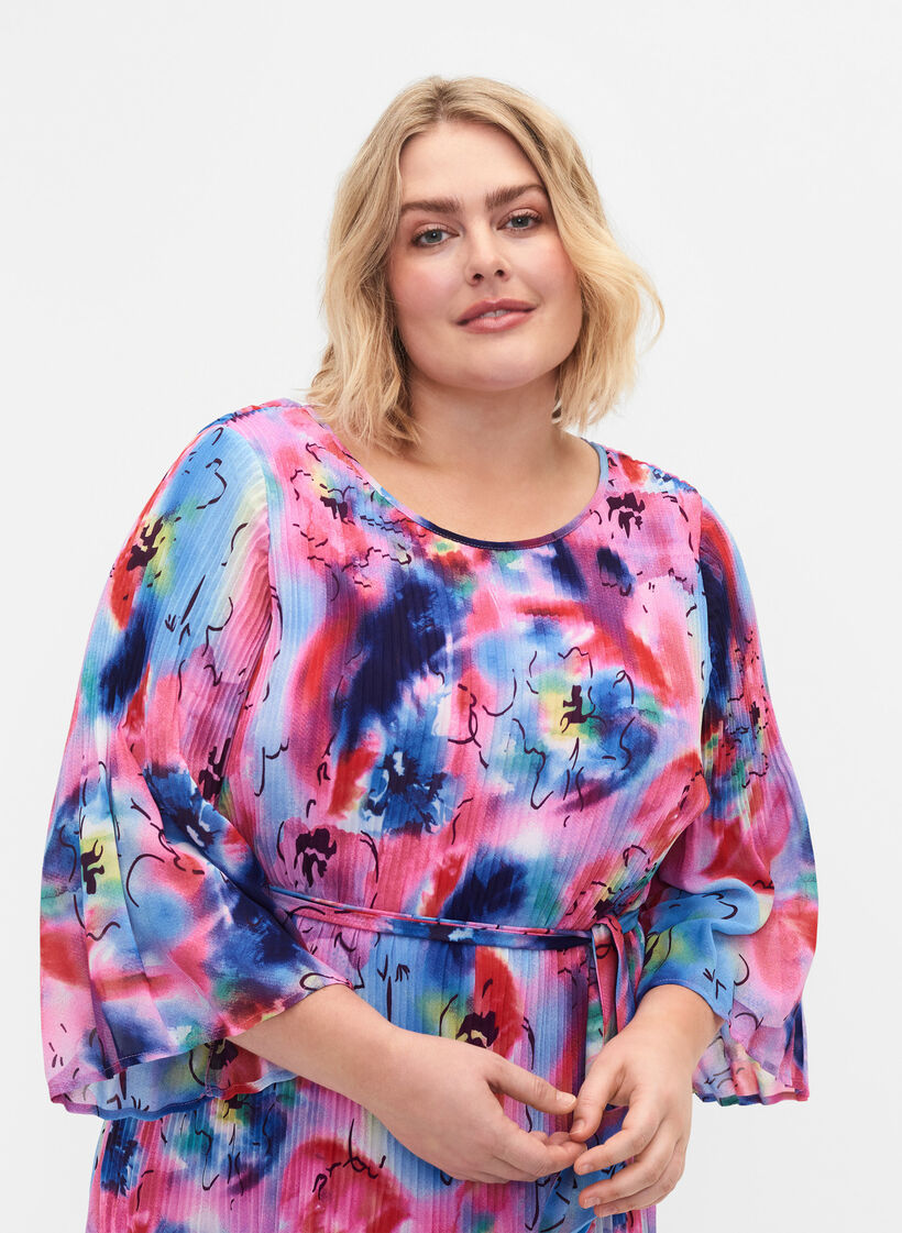 Plisserad klänning med mönster och knytband, Lavender Space AOP, Model image number 2