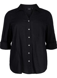 Skjortblus med knäppning i en blandning av bomull och linne, Black