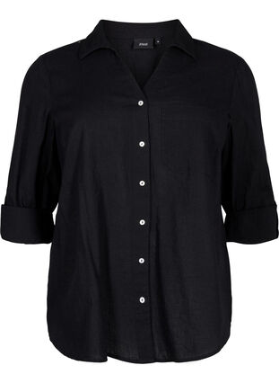 Skjortblus med knappstängning i bomulls- och linneblandning, Black, Packshot image number 0