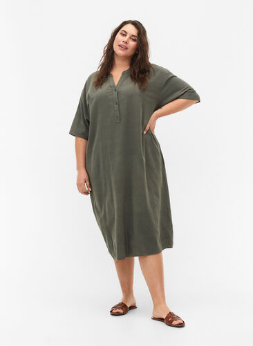 FLASH – Kortärmad midiklänning i bomull, Balsam Green, Model image number 0