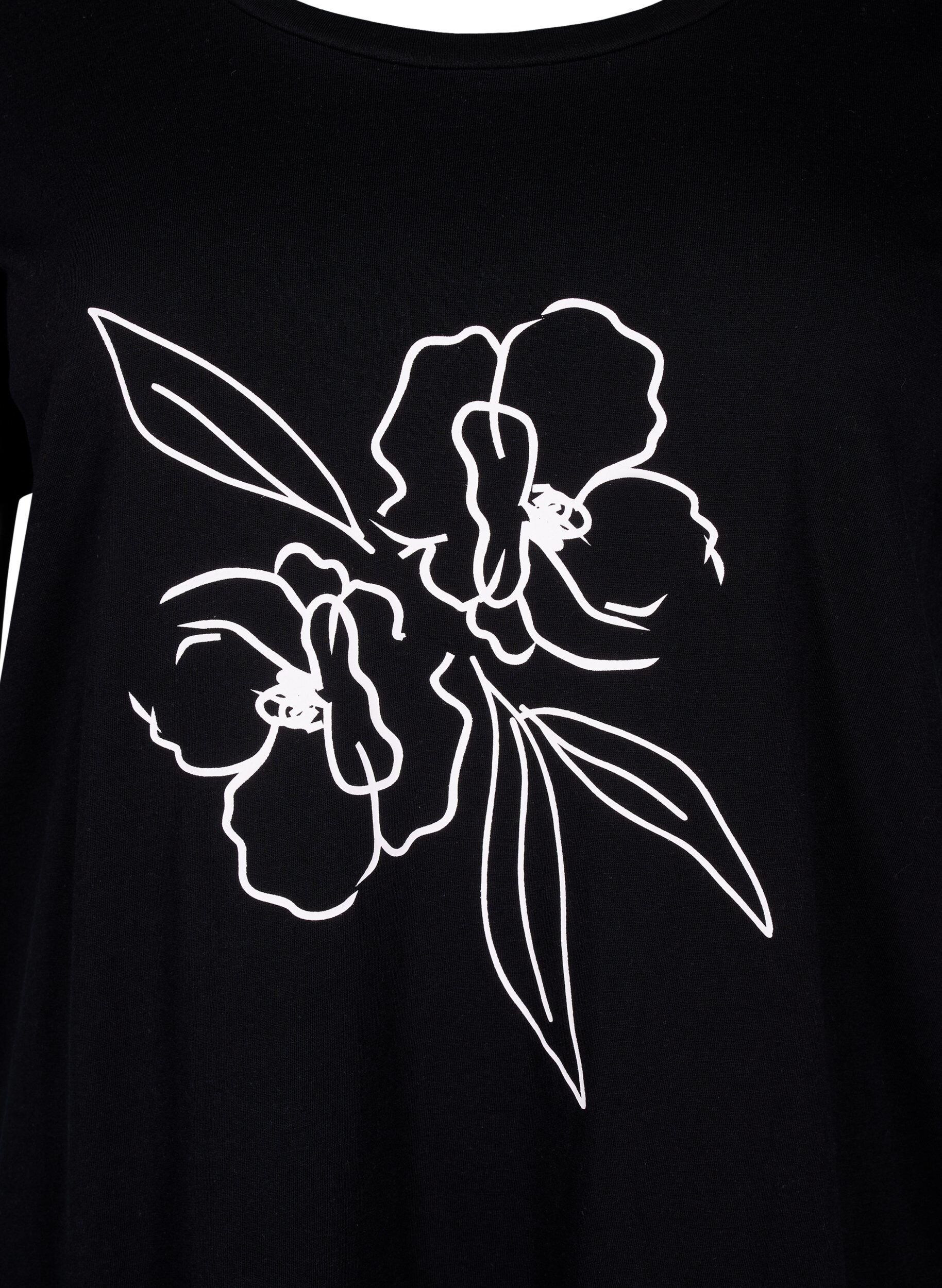 Zizzi T-shirt i bomull med motiv, Black w. Flower, Packshot image number 2