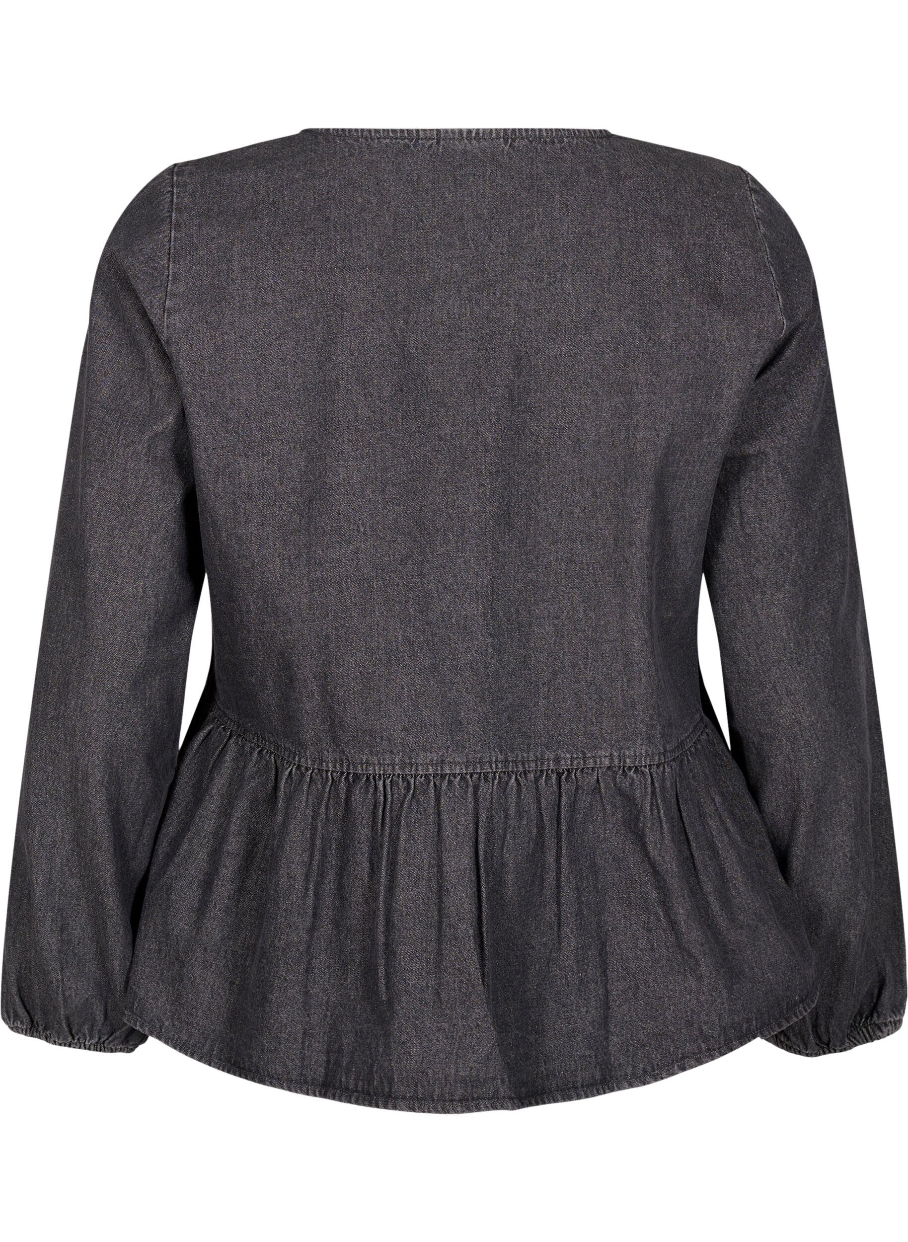 Zizzi Peplum blus i denim med knytband, Gr&aring;, Packshot image number 1