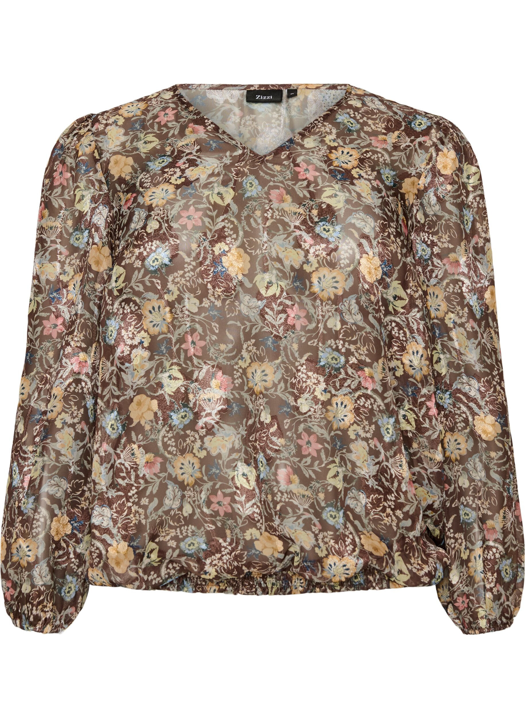 ZizziBlus med blommigt m&ouml;nster och ballong&auml;rmar, Brun, Packshot image number 0