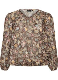 Blus med blommigt m&ouml;nster och ballong&auml;rmar, Brun